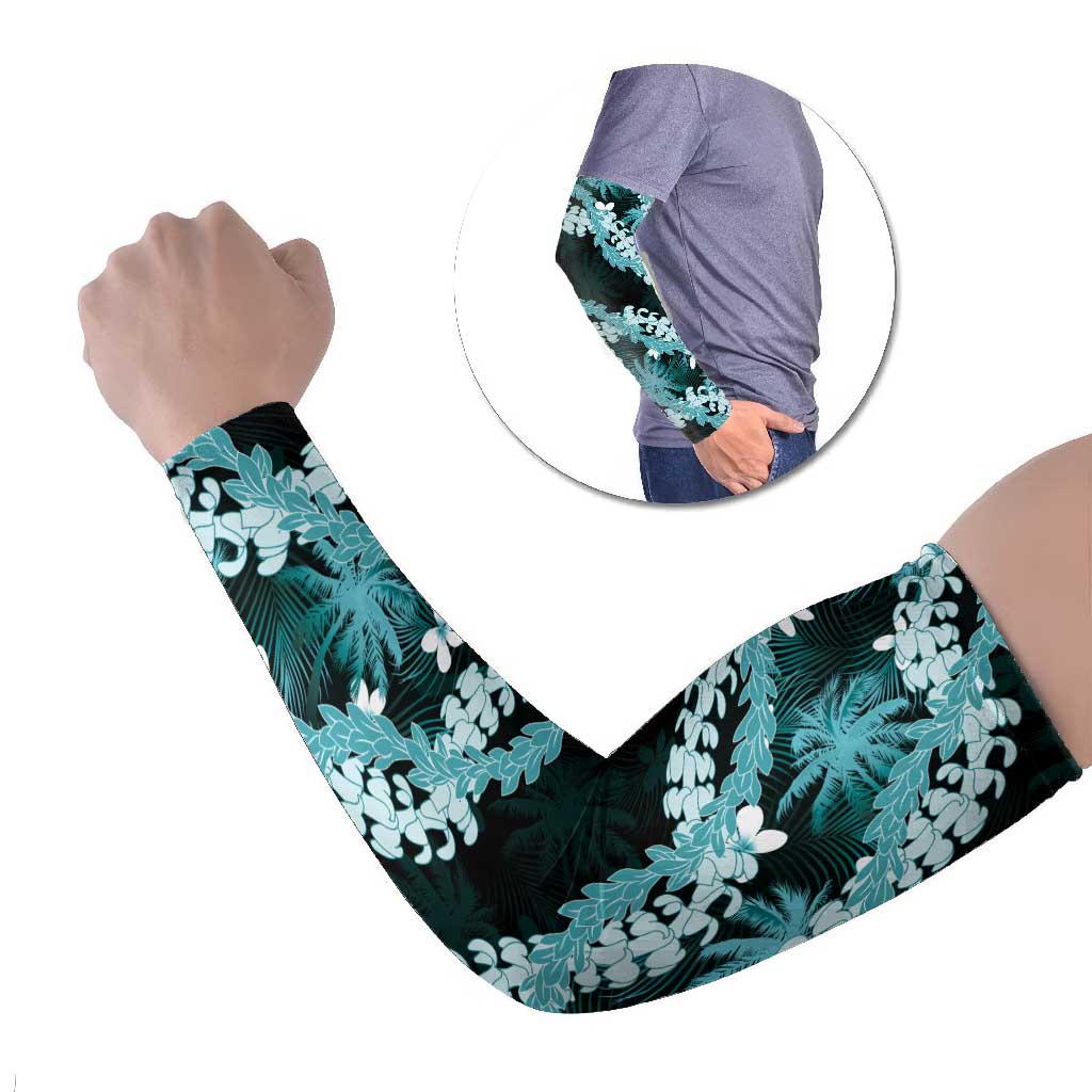 Puakenikeni Maile Lei Arm Sleeves Frangipani Turquoise Tropical Leaves LT01 Set of 2 Turquoise - Polynesian Pride