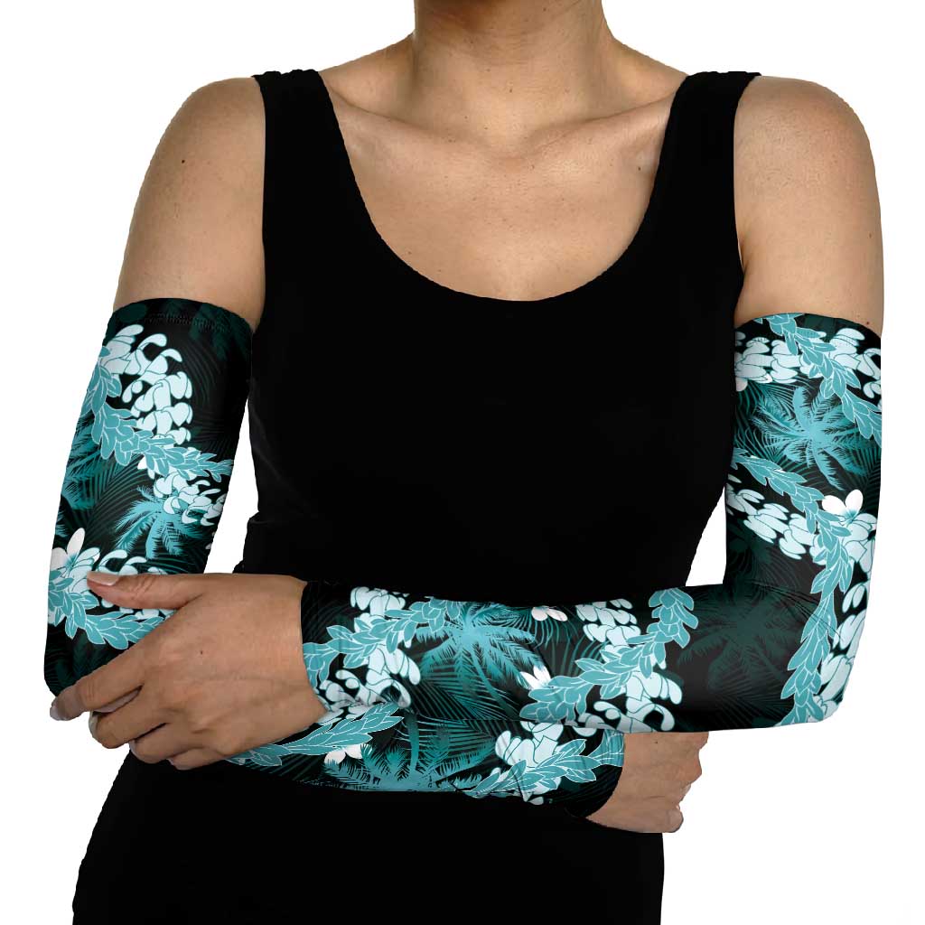 Puakenikeni Maile Lei Arm Sleeves Frangipani Turquoise Tropical Leaves LT01 - Polynesian Pride