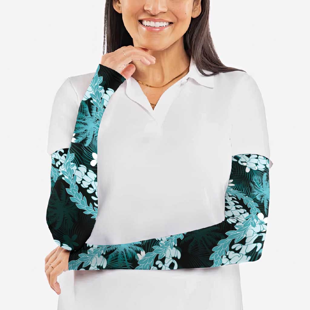 Puakenikeni Maile Lei Arm Sleeves Frangipani Turquoise Tropical Leaves LT01 - Polynesian Pride