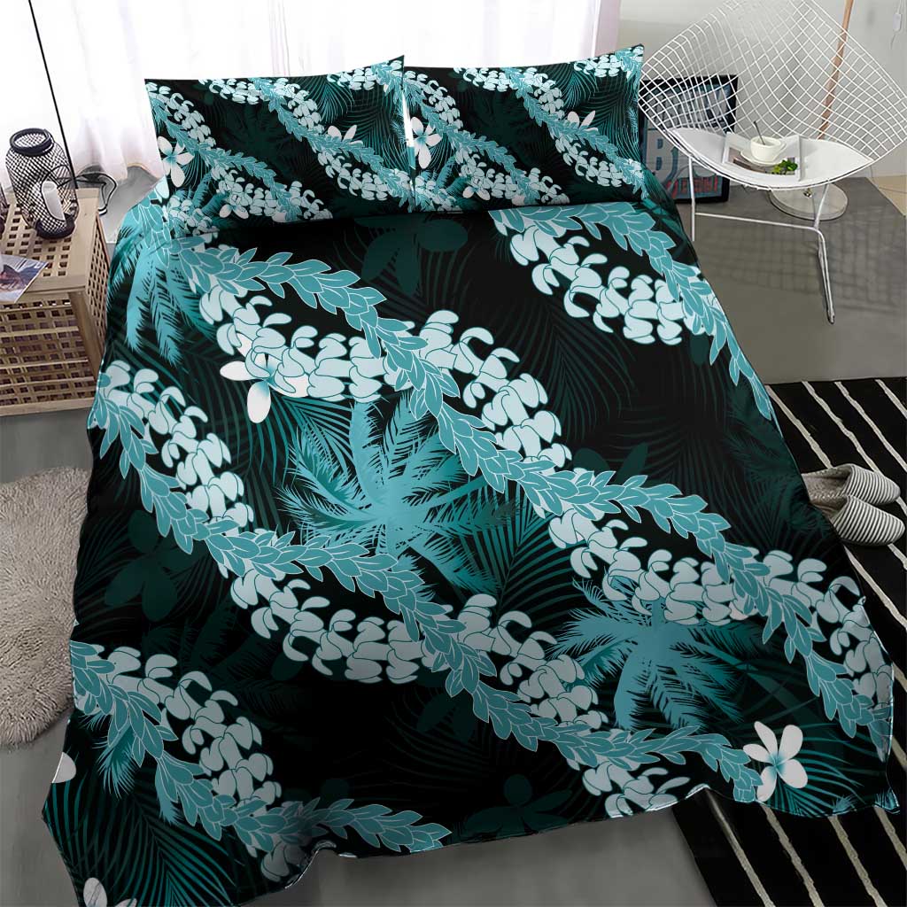 Puakenikeni Maile Lei Bedding Set Frangipani Turquoise Tropical Leaves