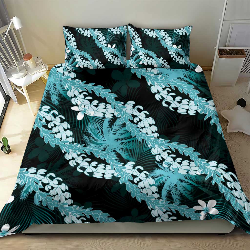 Puakenikeni Maile Lei Bedding Set Frangipani Turquoise Tropical Leaves