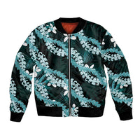 Puakenikeni Maile Lei Bomber Jacket Frangipani Turquoise Tropical Leaves