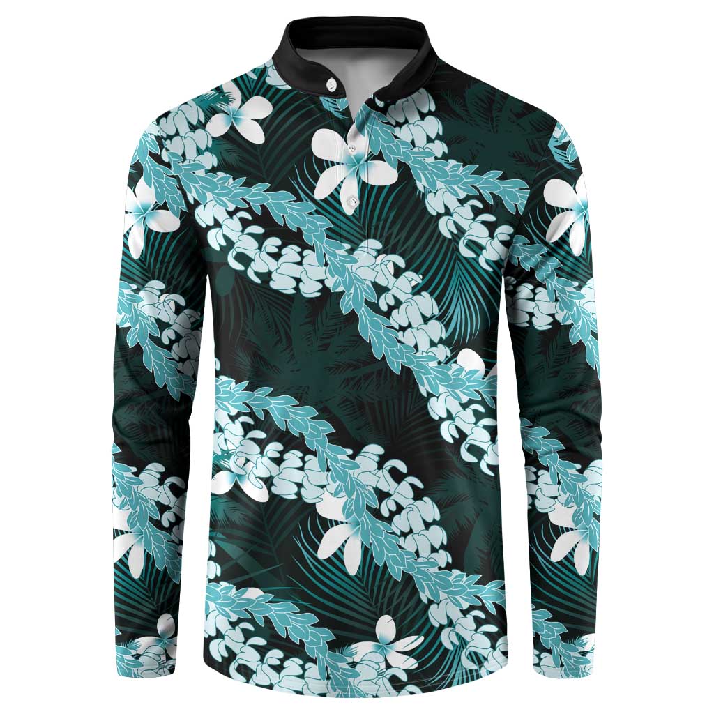 Puakenikeni Maile Lei Button Sweatshirt Frangipani Turquoise Tropical Leaves