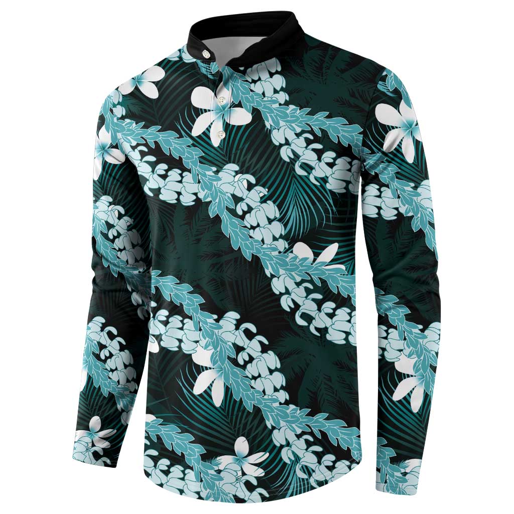 Puakenikeni Maile Lei Button Sweatshirt Frangipani Turquoise Tropical Leaves