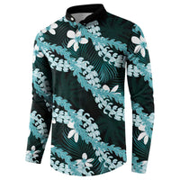 Puakenikeni Maile Lei Button Sweatshirt Frangipani Turquoise Tropical Leaves