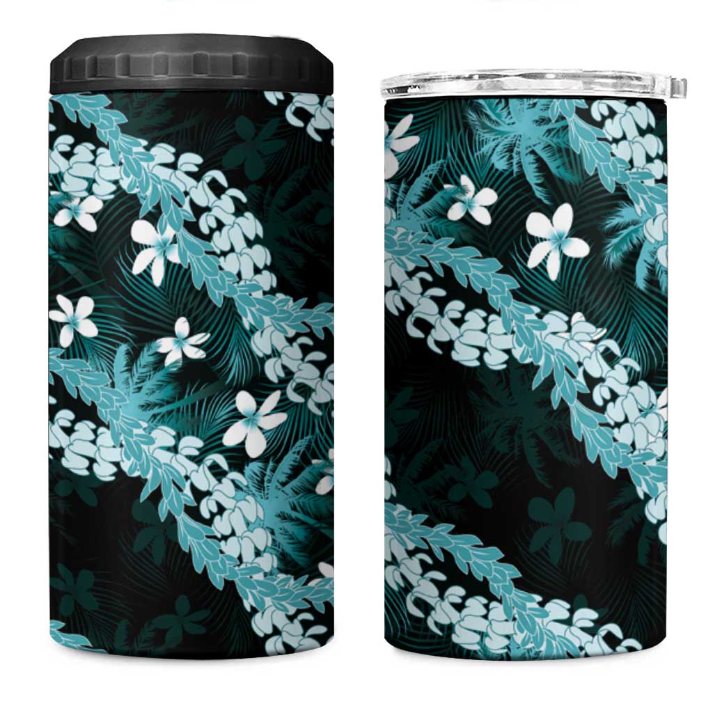 Puakenikeni Maile Lei 4 in 1 Can Cooler Tumbler Frangipani Turquoise Tropical Leaves
