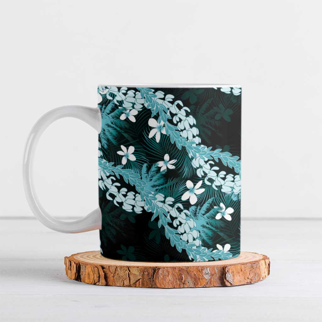Puakenikeni Maile Lei Ceramic Mug Frangipani Turquoise Tropical Leaves