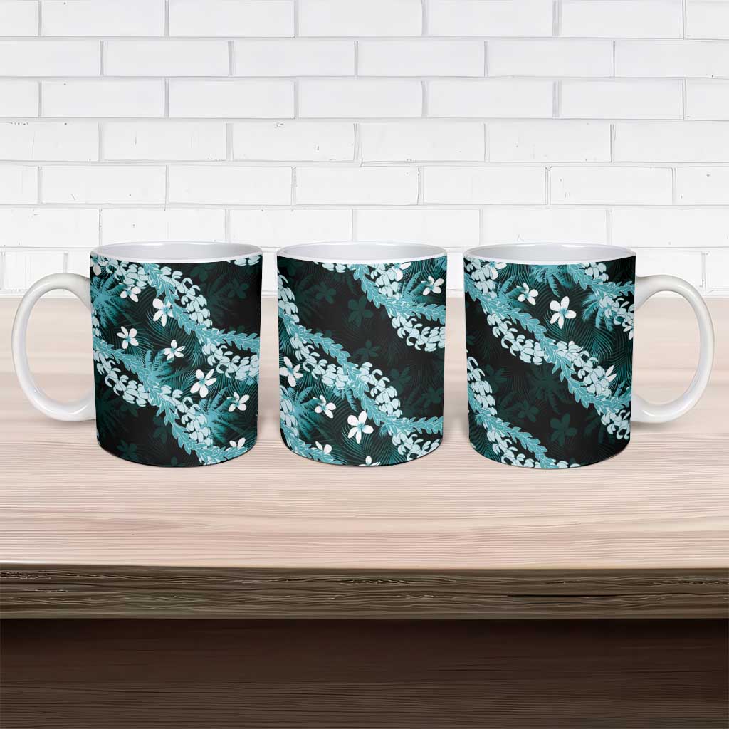 Puakenikeni Maile Lei Ceramic Mug Frangipani Turquoise Tropical Leaves