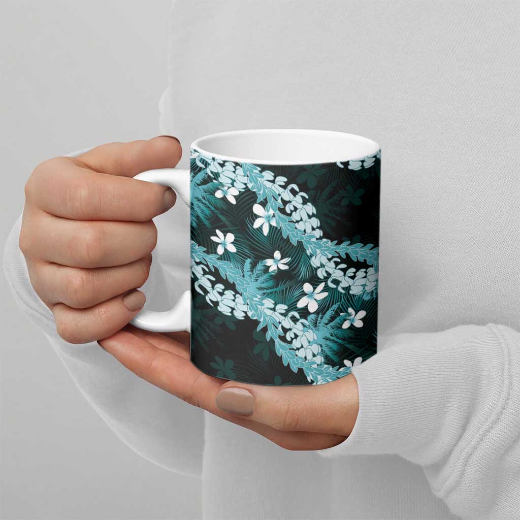 Puakenikeni Maile Lei Ceramic Mug Frangipani Turquoise Tropical Leaves