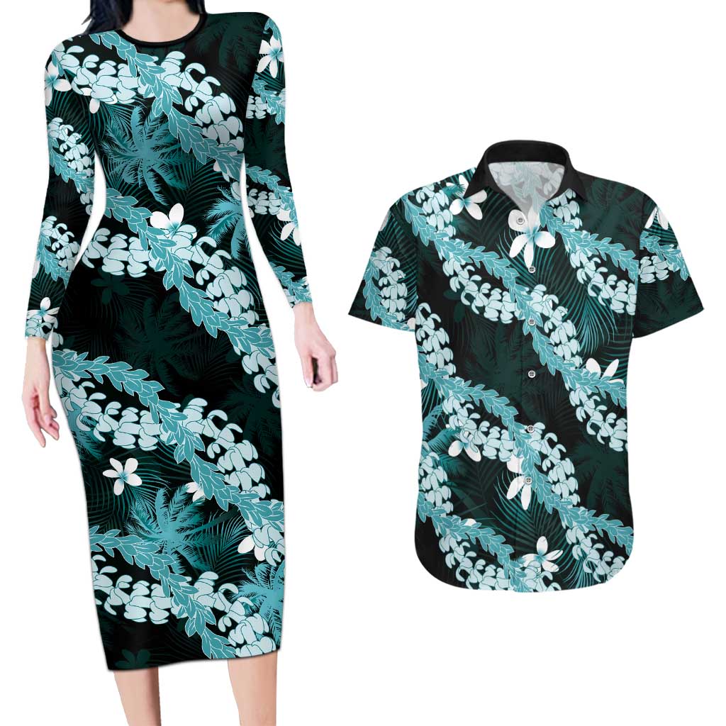 Puakenikeni Maile Lei Couples Matching Long Sleeve Bodycon Dress and Hawaiian Shirt Frangipani Turquoise Tropical Leaves LT01 Turquoise - Polynesian Pride