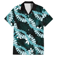 Puakenikeni Maile Lei Family Matching Off The Shoulder Long Sleeve Dress and Hawaiian Shirt Frangipani Turquoise Tropical Leaves LT01 Dad's Shirt - Short Sleeve Turquoise - Polynesian Pride