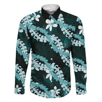 Puakenikeni Maile Lei Family Matching Off The Shoulder Long Sleeve Dress and Hawaiian Shirt Frangipani Turquoise Tropical Leaves LT01 Dad's Shirt - Long Sleeve Turquoise - Polynesian Pride