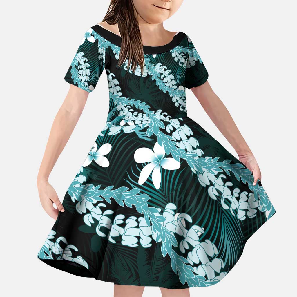 Puakenikeni Maile Lei Family Matching Off Shoulder Maxi Dress and Hawaiian Shirt Frangipani Turquoise Tropical Leaves
