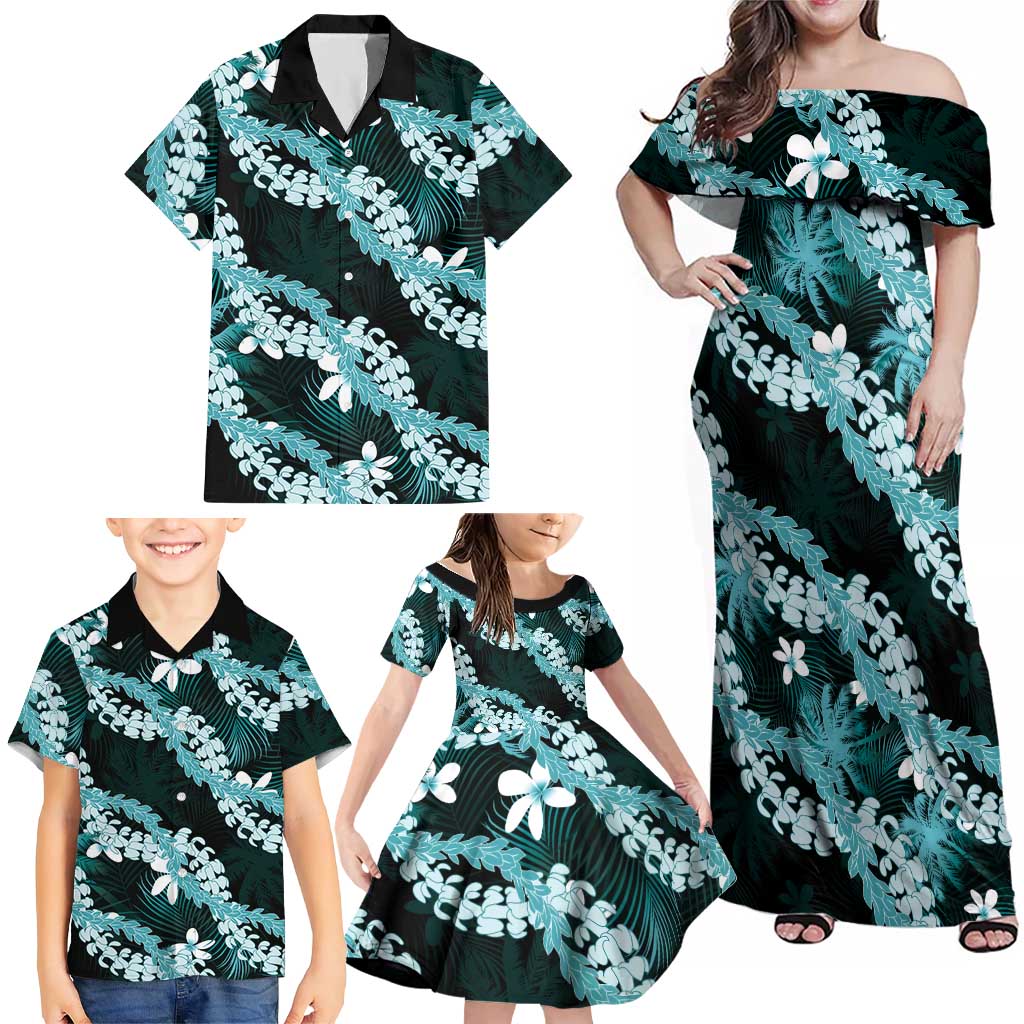 Puakenikeni Maile Lei Family Matching Off Shoulder Maxi Dress and Hawaiian Shirt Frangipani Turquoise Tropical Leaves