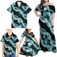 Puakenikeni Maile Lei Family Matching Off Shoulder Maxi Dress and Hawaiian Shirt Frangipani Turquoise Tropical Leaves