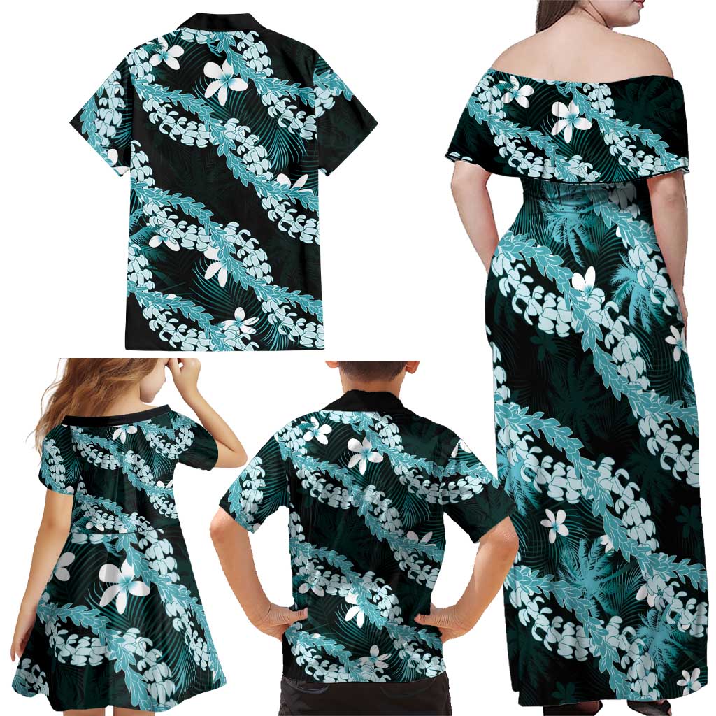 Puakenikeni Maile Lei Family Matching Off Shoulder Maxi Dress and Hawaiian Shirt Frangipani Turquoise Tropical Leaves