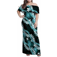 Puakenikeni Maile Lei Family Matching Off Shoulder Maxi Dress and Hawaiian Shirt Frangipani Turquoise Tropical Leaves
