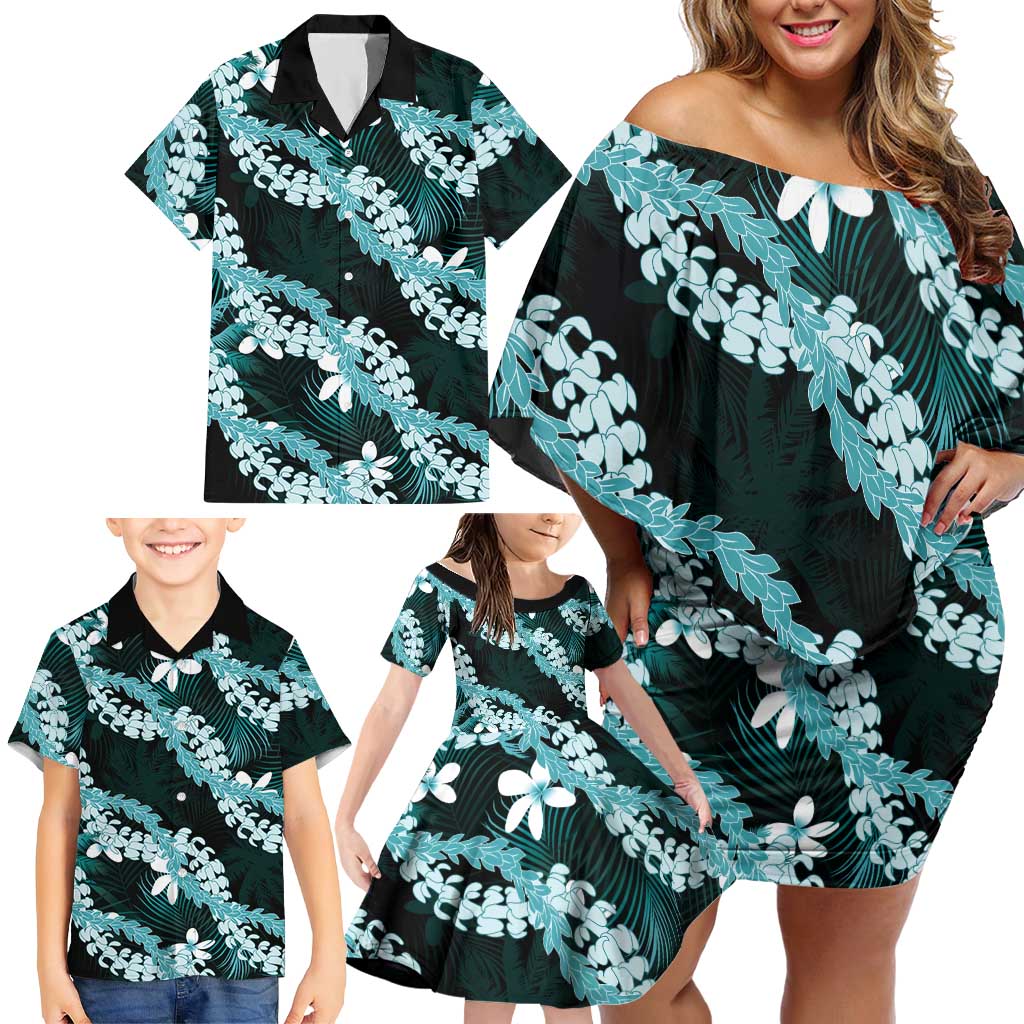 Puakenikeni Maile Lei Family Matching Off Shoulder Short Dress and Hawaiian Shirt Frangipani Turquoise Tropical Leaves LT01 - Polynesian Pride