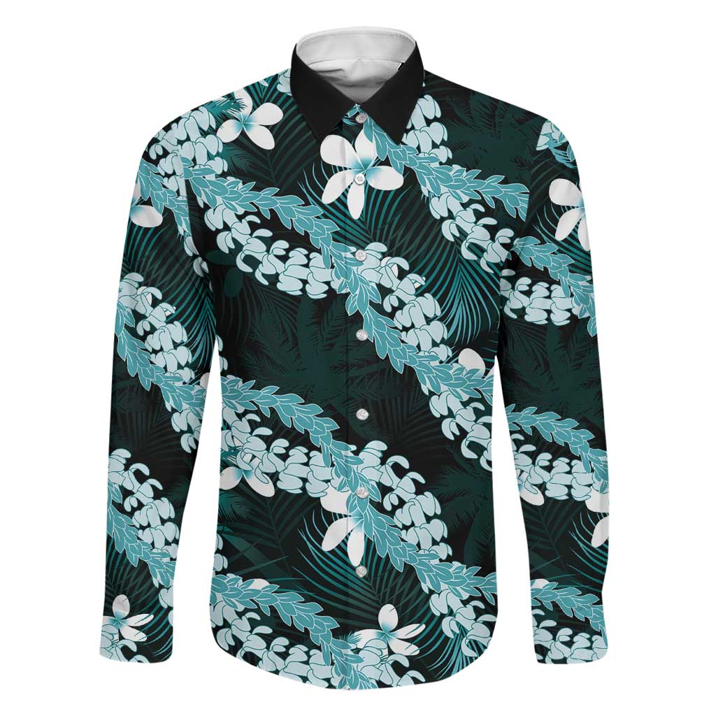 Puakenikeni Maile Lei Family Matching Short Sleeve Bodycon Dress and Hawaiian Shirt Frangipani Turquoise Tropical Leaves LT01 Dad's Shirt - Long Sleeve Turquoise - Polynesian Pride