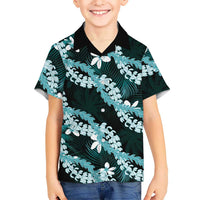 Puakenikeni Maile Lei Family Matching Short Sleeve Bodycon Dress and Hawaiian Shirt Frangipani Turquoise Tropical Leaves LT01 Son's Shirt Turquoise - Polynesian Pride