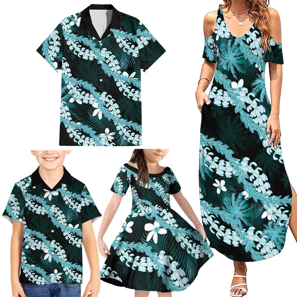 Puakenikeni Maile Lei Family Matching Summer Maxi Dress and Hawaiian Shirt Frangipani Turquoise Tropical Leaves LT01 - Polynesian Pride
