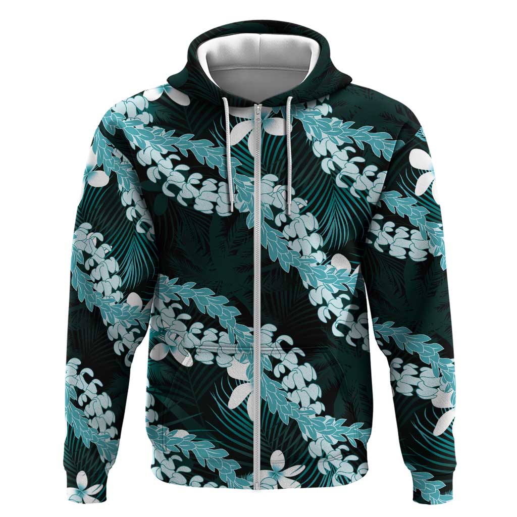 Puakenikeni Maile Lei Hoodie Frangipani Turquoise Tropical Leaves LT01 Zip Hoodie Turquoise - Polynesian Pride