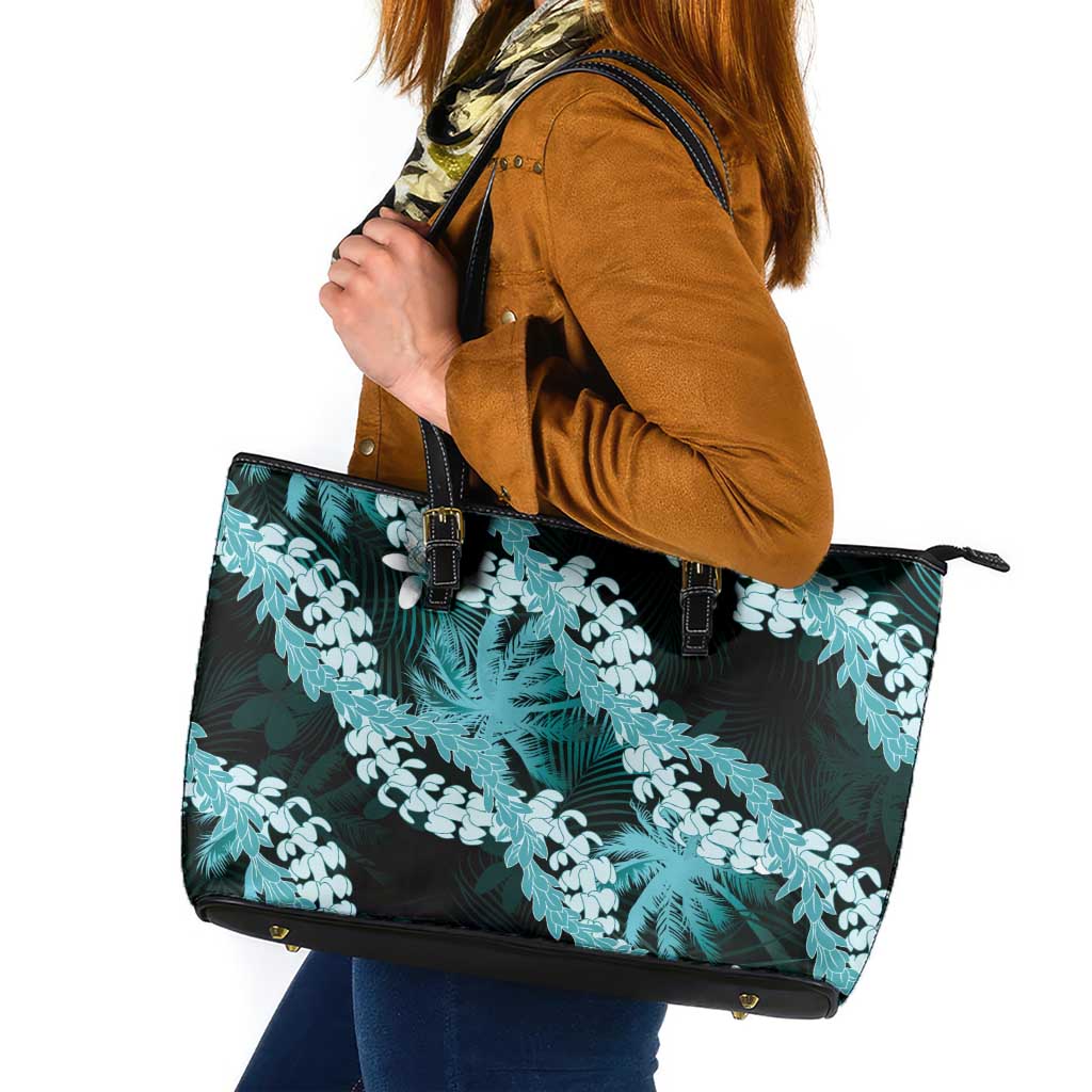 Puakenikeni Maile Lei Leather Tote Bag Frangipani Turquoise Tropical Leaves LT01 Turquoise - Polynesian Pride