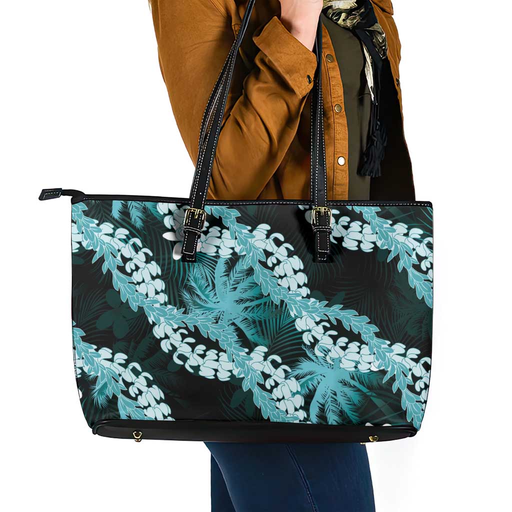 Puakenikeni Maile Lei Leather Tote Bag Frangipani Turquoise Tropical Leaves LT01 - Polynesian Pride