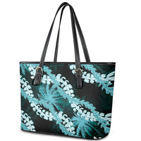 Puakenikeni Maile Lei Leather Tote Bag Frangipani Turquoise Tropical Leaves LT01 - Polynesian Pride