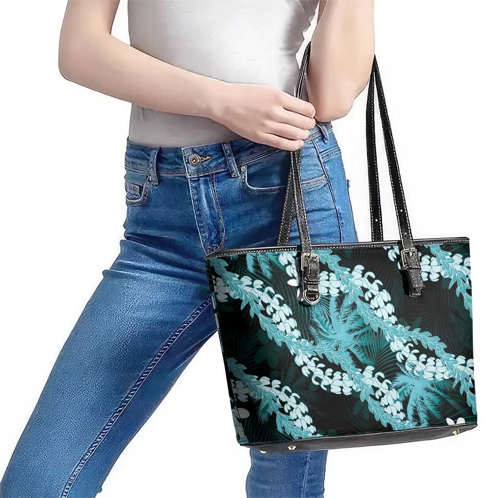 Puakenikeni Maile Lei Leather Tote Bag Frangipani Turquoise Tropical Leaves LT01 - Polynesian Pride