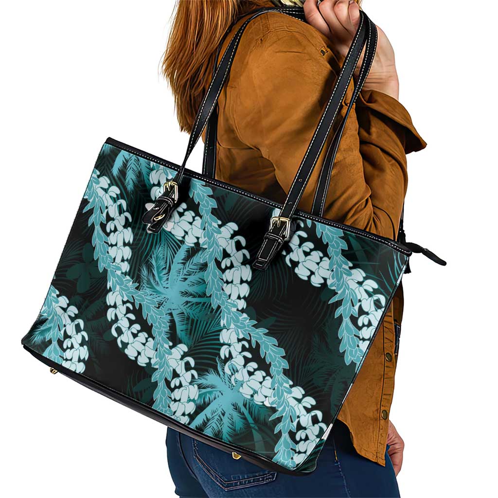Puakenikeni Maile Lei Leather Tote Bag Frangipani Turquoise Tropical Leaves LT01 - Polynesian Pride