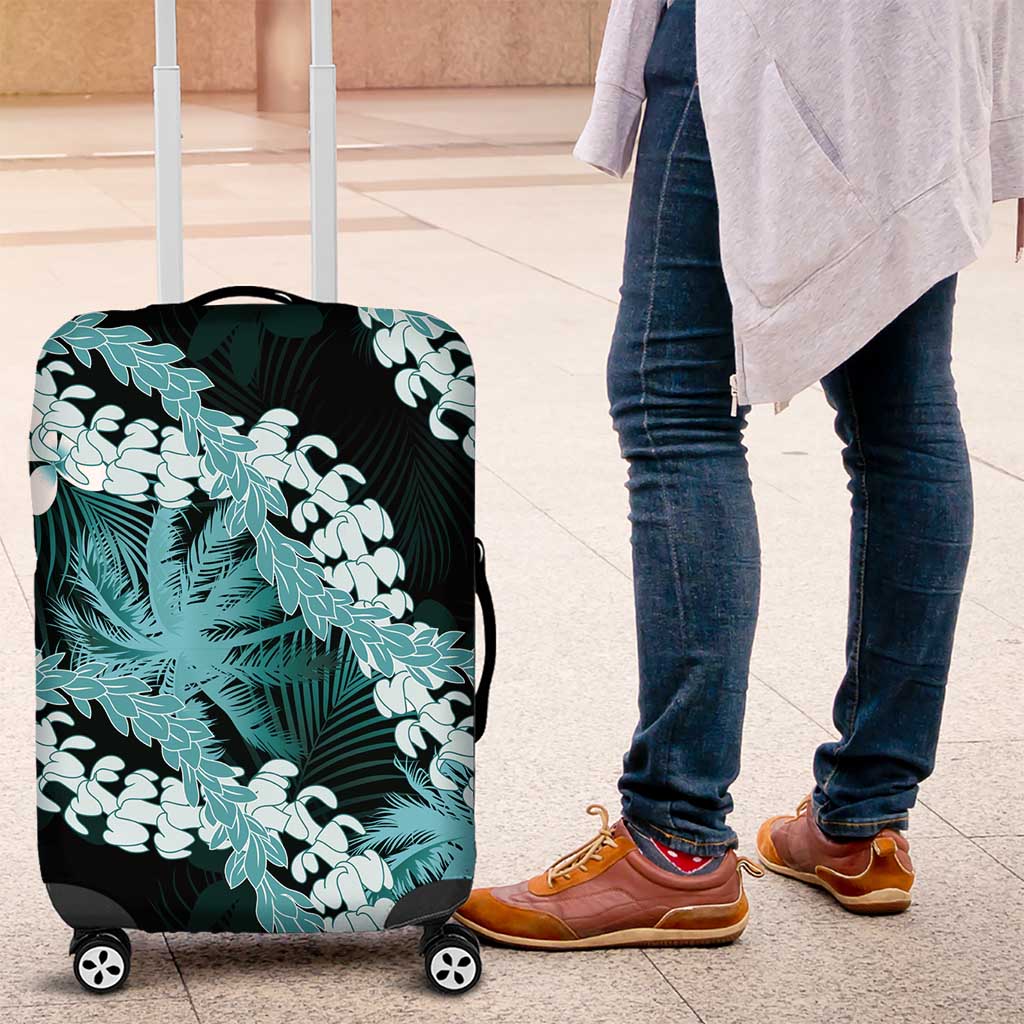 Puakenikeni Maile Lei Luggage Cover Frangipani Turquoise Tropical Leaves