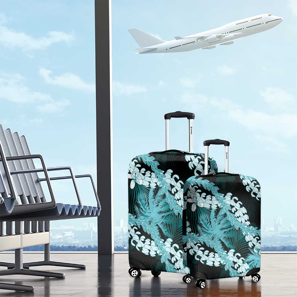 Puakenikeni Maile Lei Luggage Cover Frangipani Turquoise Tropical Leaves