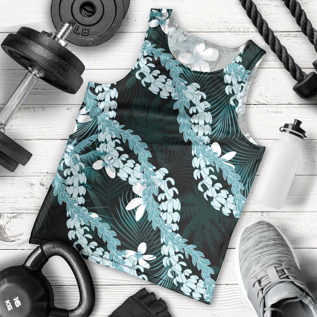 Puakenikeni Maile Lei Men Tank Top Frangipani Turquoise Tropical Leaves LT01 - Polynesian Pride