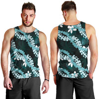 Puakenikeni Maile Lei Men Tank Top Frangipani Turquoise Tropical Leaves LT01 - Polynesian Pride