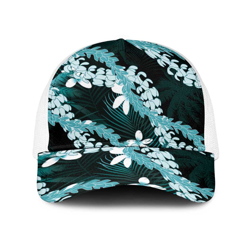 Puakenikeni Maile Lei Mesh Trucker Cap Frangipani Turquoise Tropical Leaves