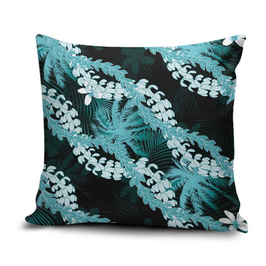 Puakenikeni Maile Lei Pillow Cover Frangipani Turquoise Tropical Leaves