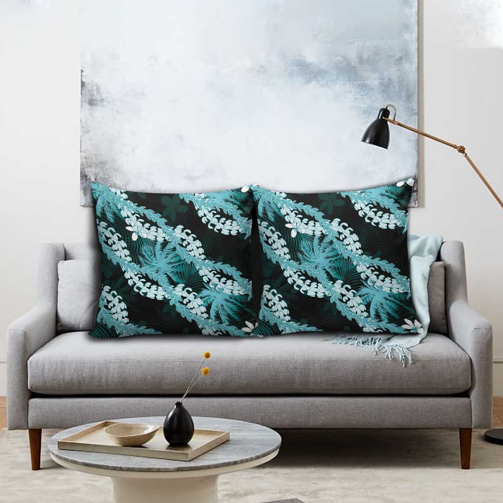 Puakenikeni Maile Lei Pillow Cover Frangipani Turquoise Tropical Leaves