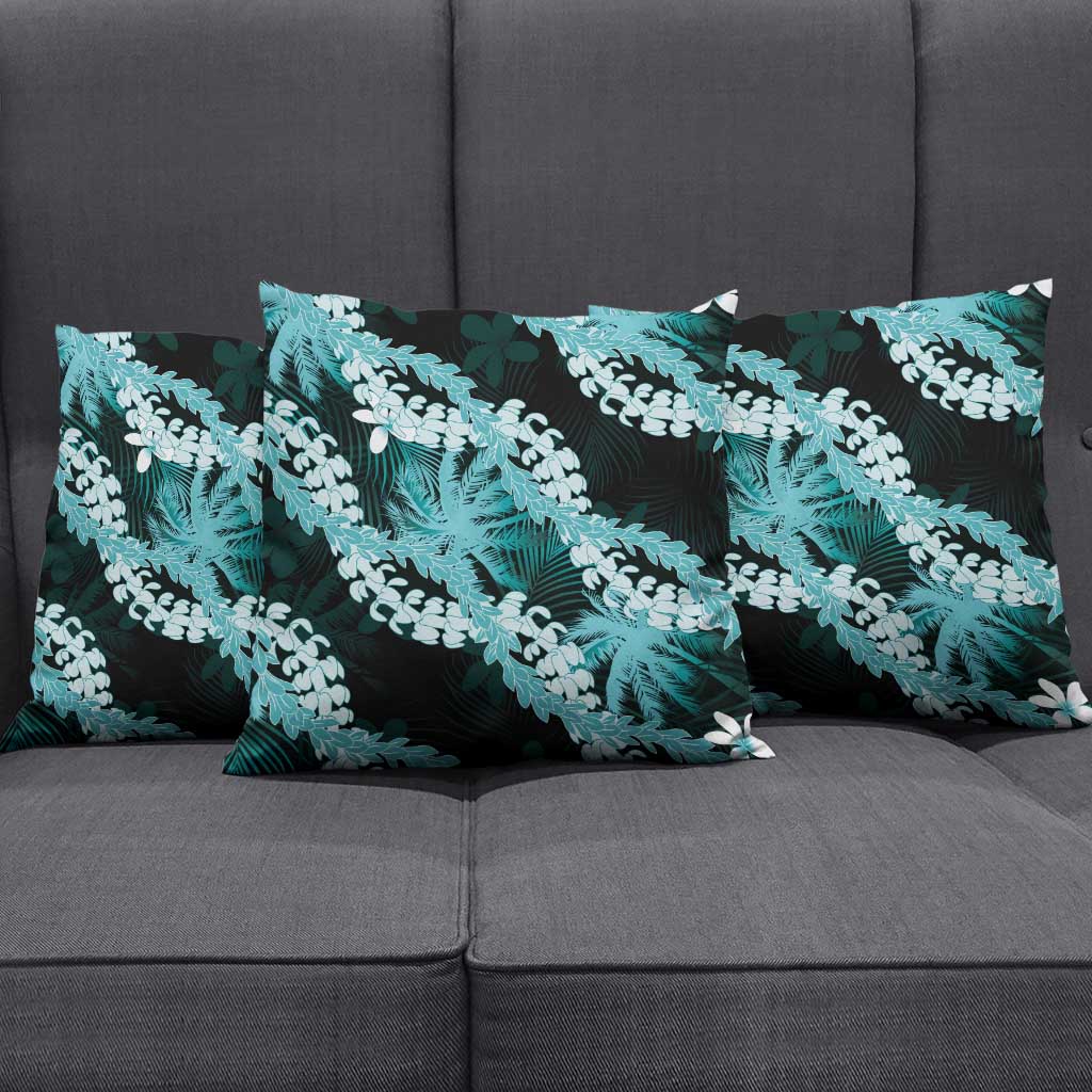 Puakenikeni Maile Lei Pillow Cover Frangipani Turquoise Tropical Leaves