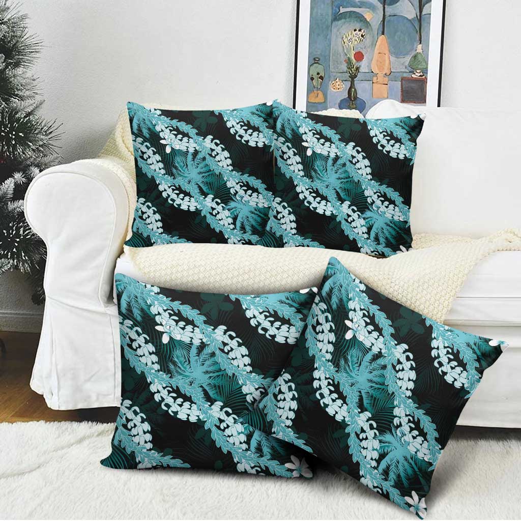 Puakenikeni Maile Lei Pillow Cover Frangipani Turquoise Tropical Leaves