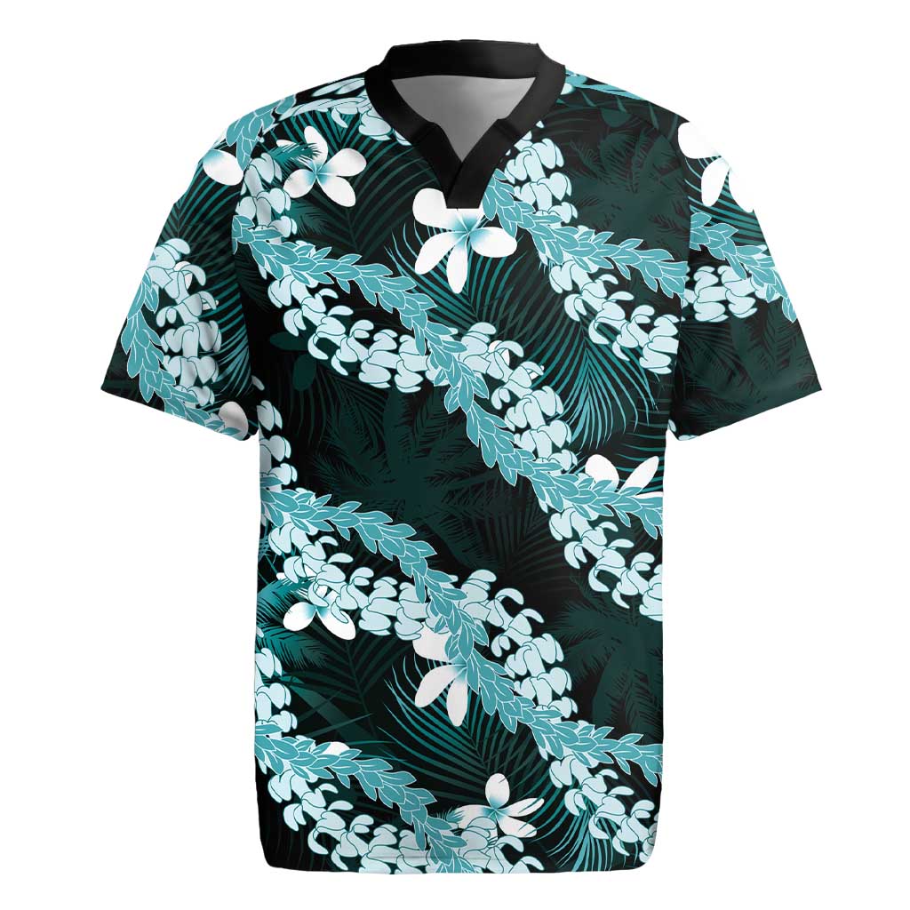 Puakenikeni Maile Lei Rugby Jersey Frangipani Turquoise Tropical Leaves LT01 Turquoise - Polynesian Pride