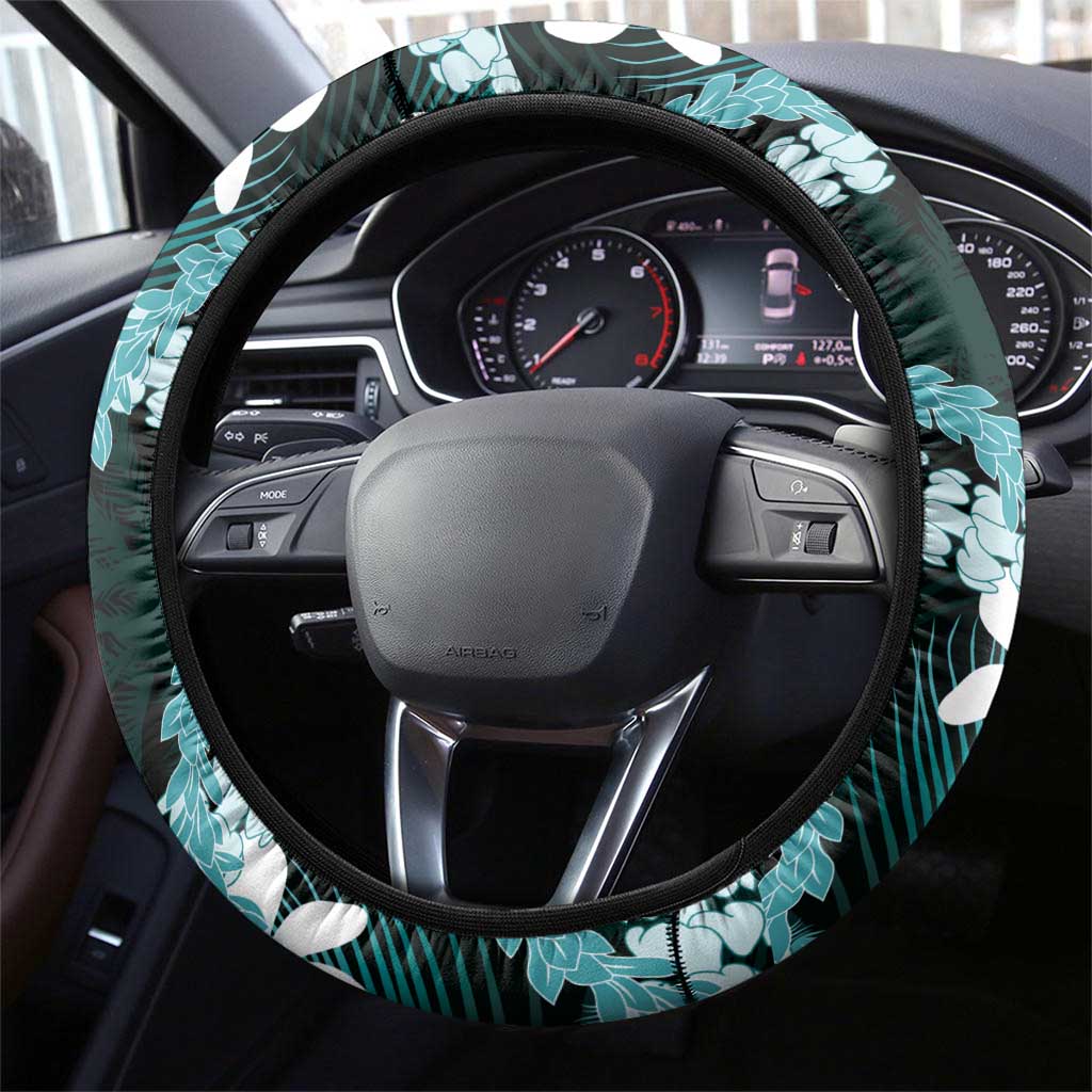 Puakenikeni Maile Lei Steering Wheel Cover Frangipani Turquoise Tropical Leaves LT01 - Polynesian Pride
