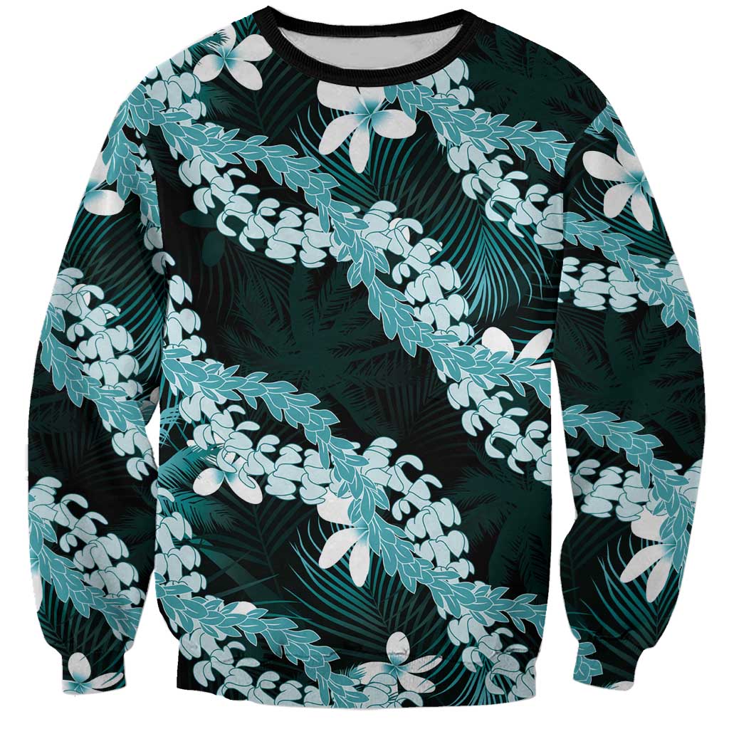 Puakenikeni Maile Lei Sweatshirt Frangipani Turquoise Tropical Leaves
