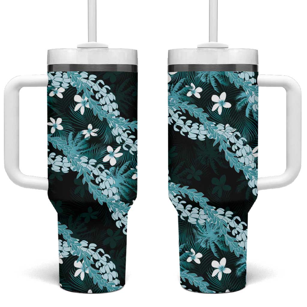 Puakenikeni Maile Lei Tumbler With Handle Frangipani Turquoise Tropical Leaves LT01 One Size: 40 oz Turquoise - Polynesian Pride