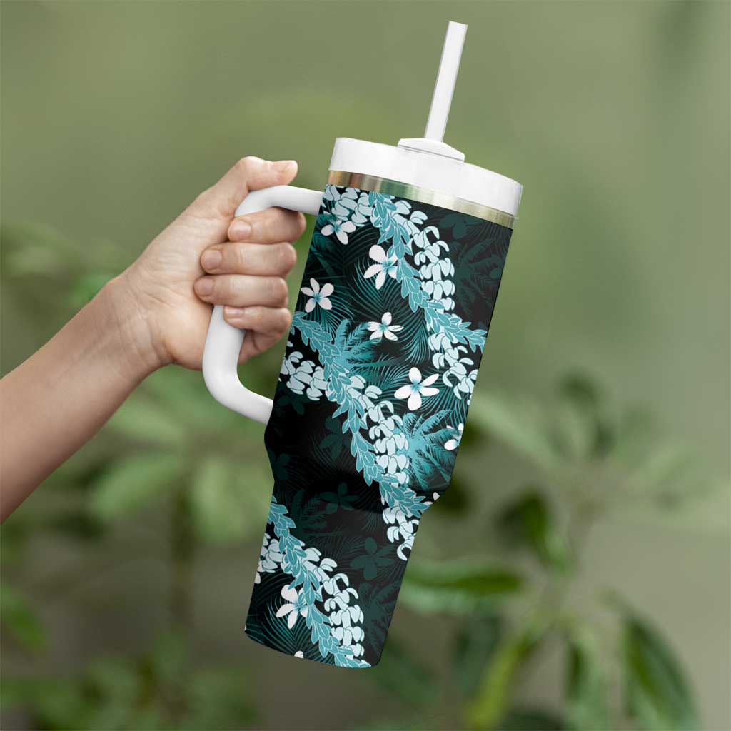 Puakenikeni Maile Lei Tumbler With Handle Frangipani Turquoise Tropical Leaves LT01 - Polynesian Pride
