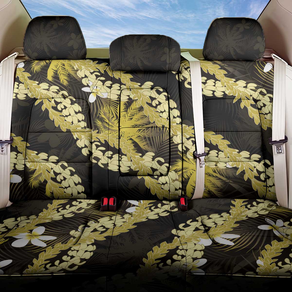 Puakenikeni Maile Lei Back Car Seat Cover Frangipani Yellow Tropical Leaves