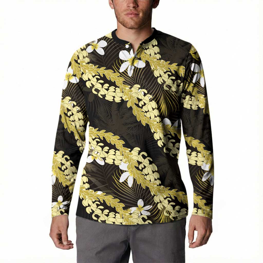 Puakenikeni Maile Lei Button Sweatshirt Frangipani Yellow Tropical Leaves