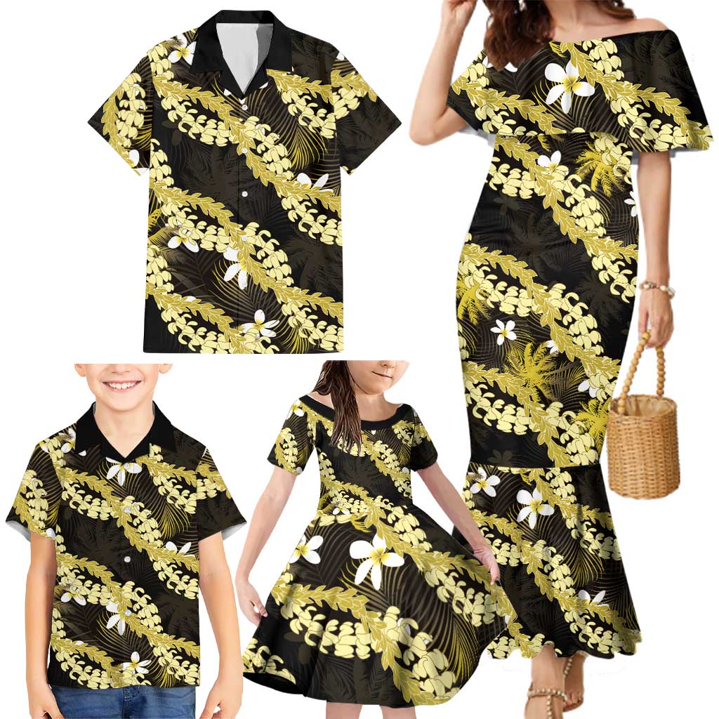 Puakenikeni Maile Lei Family Matching Mermaid Dress and Hawaiian Shirt Frangipani Yellow Tropical Leaves