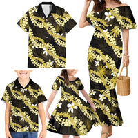 Puakenikeni Maile Lei Family Matching Mermaid Dress and Hawaiian Shirt Frangipani Yellow Tropical Leaves