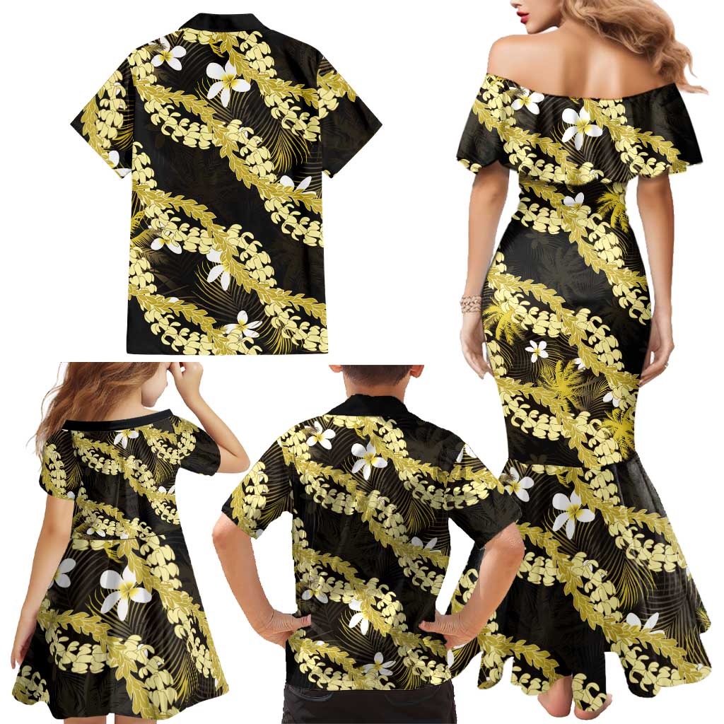 Puakenikeni Maile Lei Family Matching Mermaid Dress and Hawaiian Shirt Frangipani Yellow Tropical Leaves